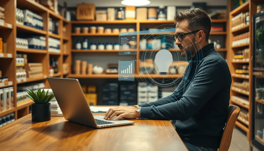 Owner at laptop with holographic AI dashboard in a small shop.