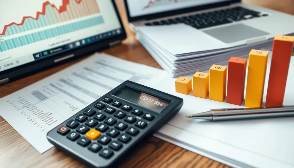 Calculator, ledger, bar chart, pen on desk.