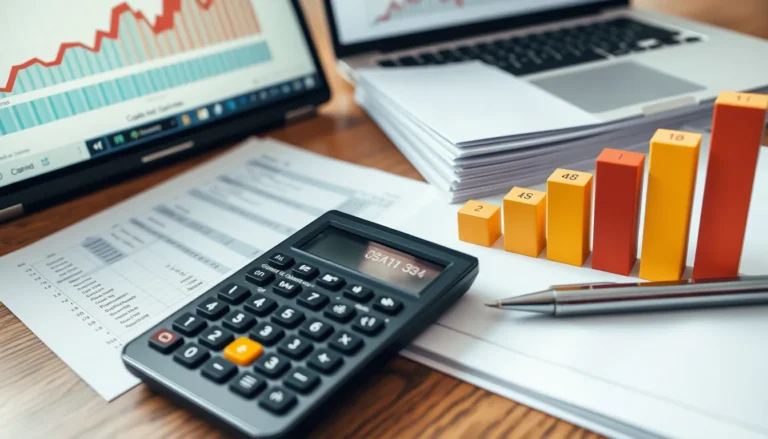 Calculator, ledger, bar chart, pen on desk.