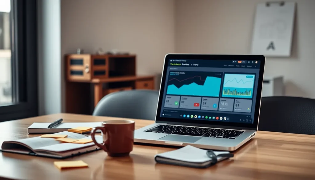 Desk with laptop showing marketing dashboard, sticky notes, notebook, coffee mug under natural light.